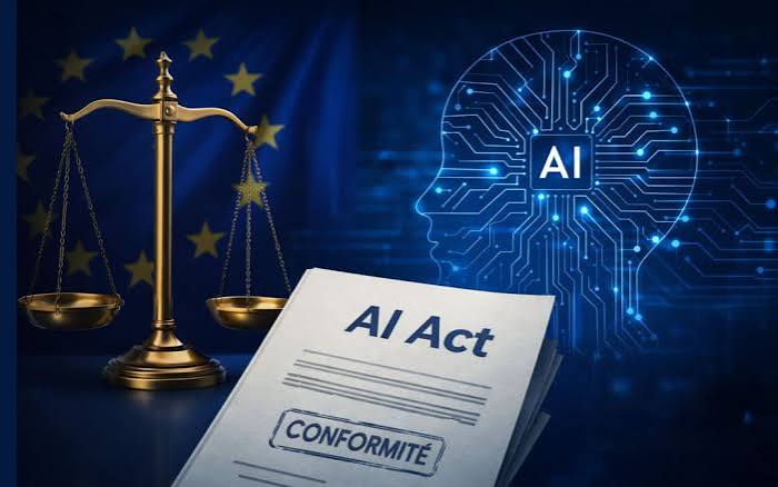Balance de la justice devant un drapeau européen et document AI Act, face à un cerveau numérique symbolisant l'intelligence artificielle