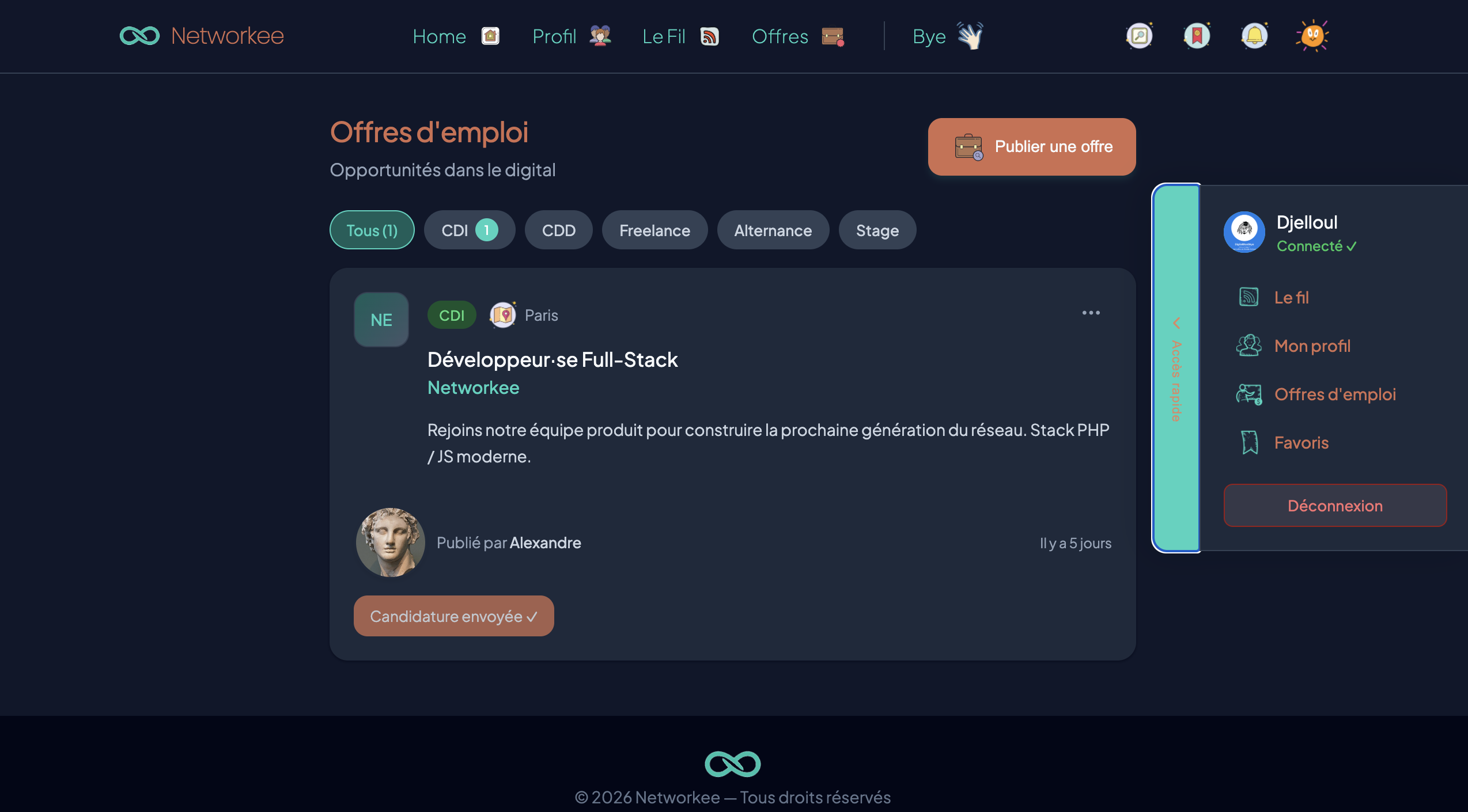 Networkee job offers page with filters and application