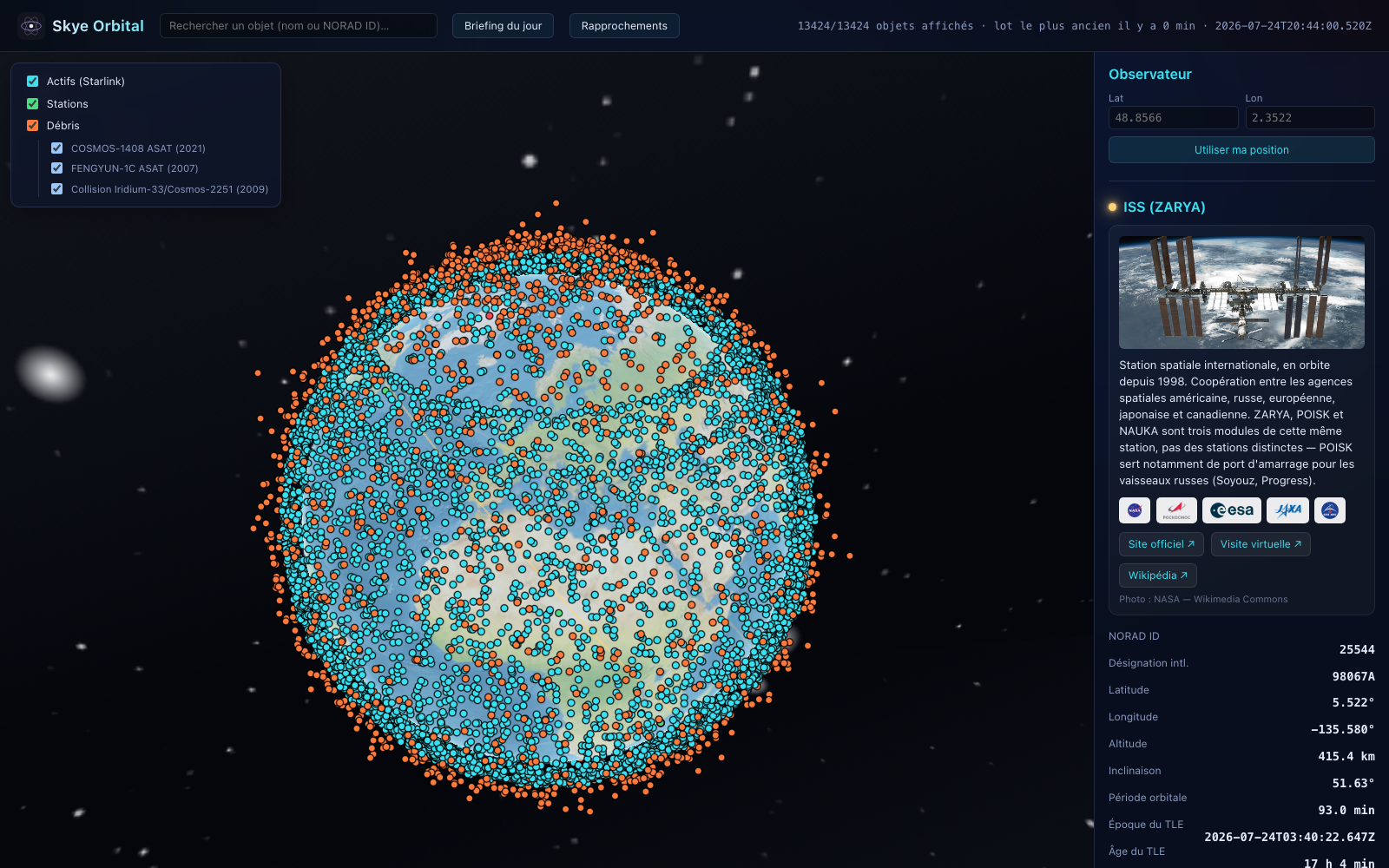 Skye Orbital 3D globe with Starlink satellites