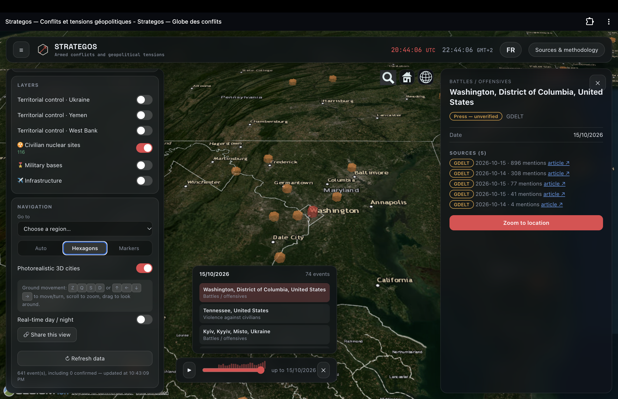 Detailed 3D view of a selected event and its source information