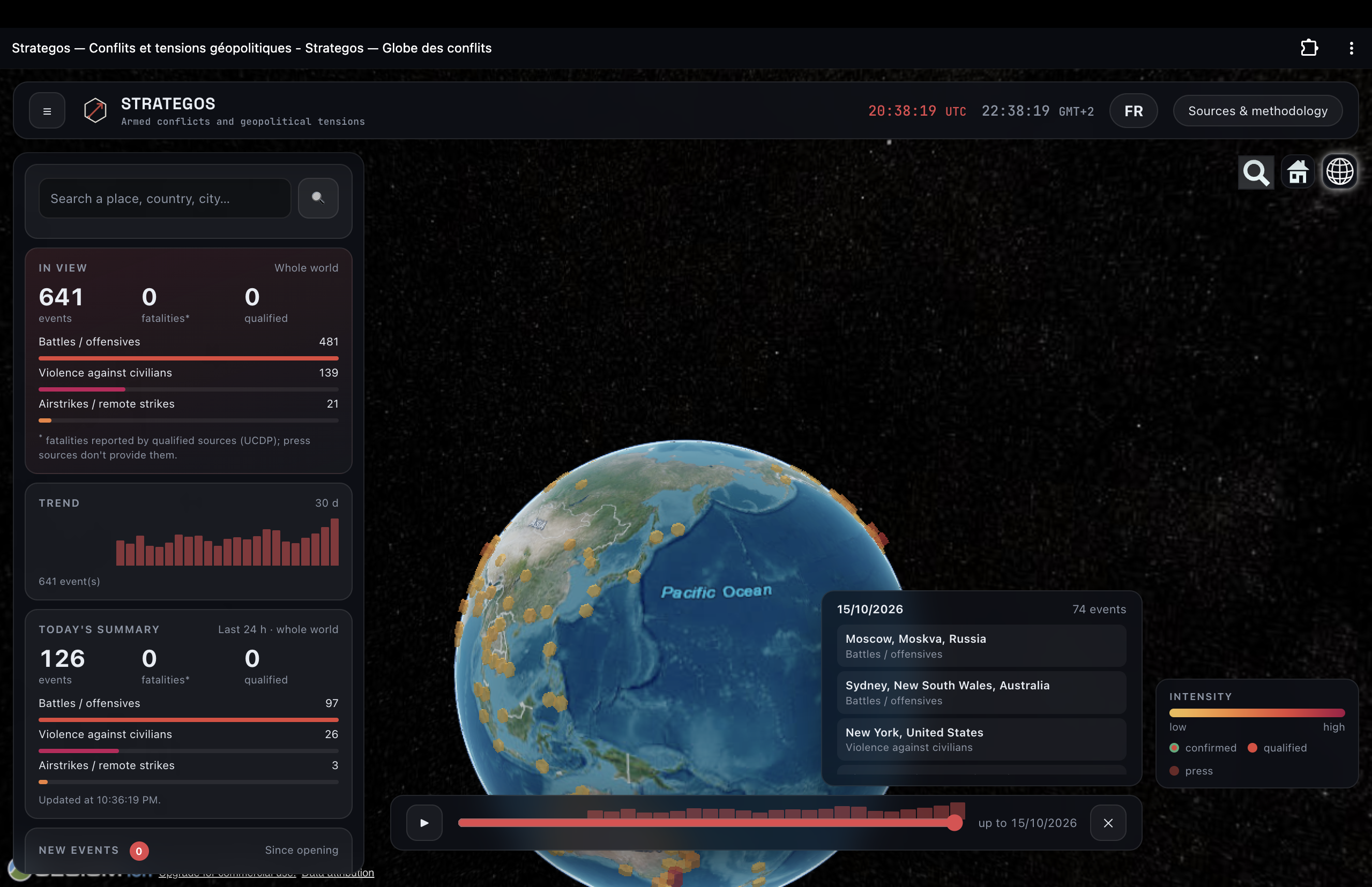 Strategos interactive globe showing real-world conflict events and geopolitical tensions