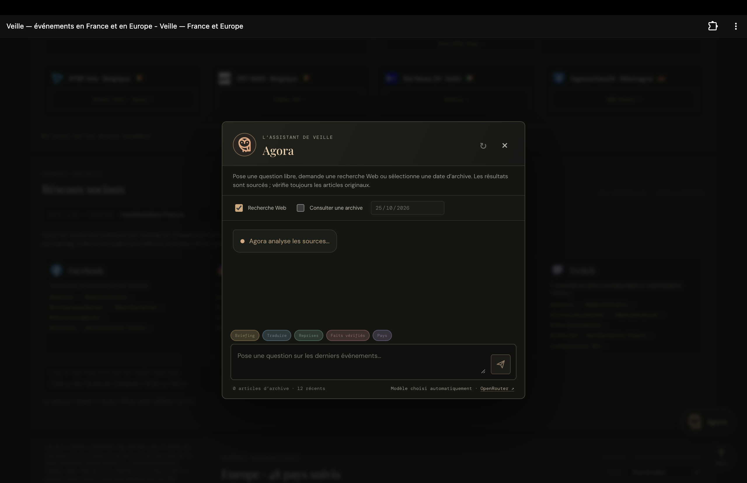 Agora assistant searching web sources for a news question