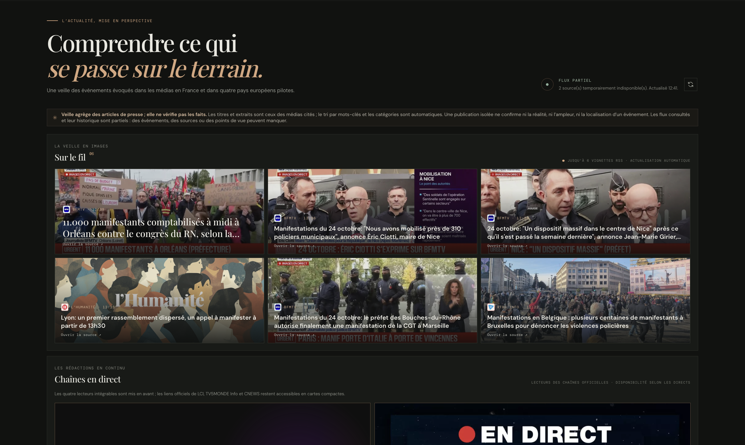 Veille editorial monitoring dashboard showing media coverage in France and Europe