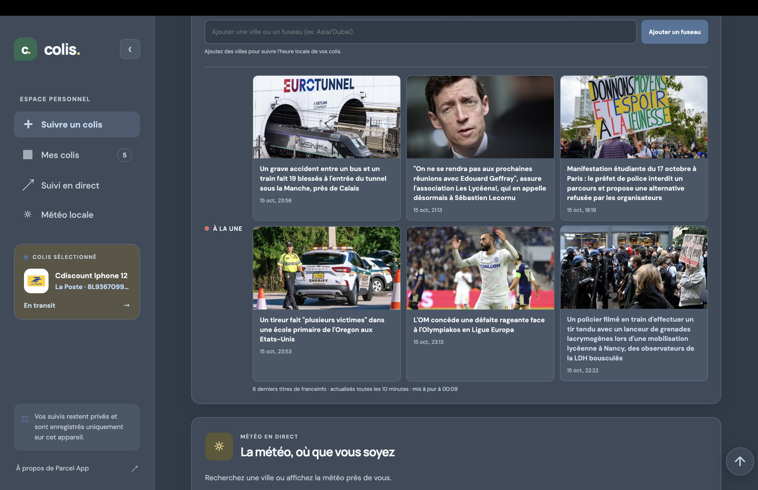 Widget Parcels news and weather panels