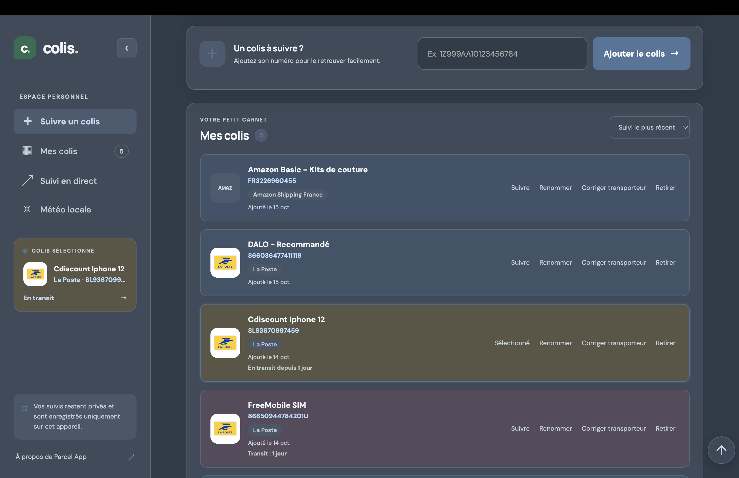 Saved parcel tracking references